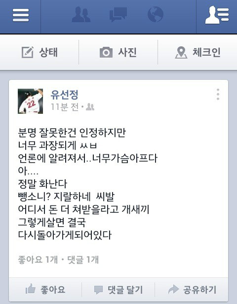 넥센 유선정 페북으로 팀킬