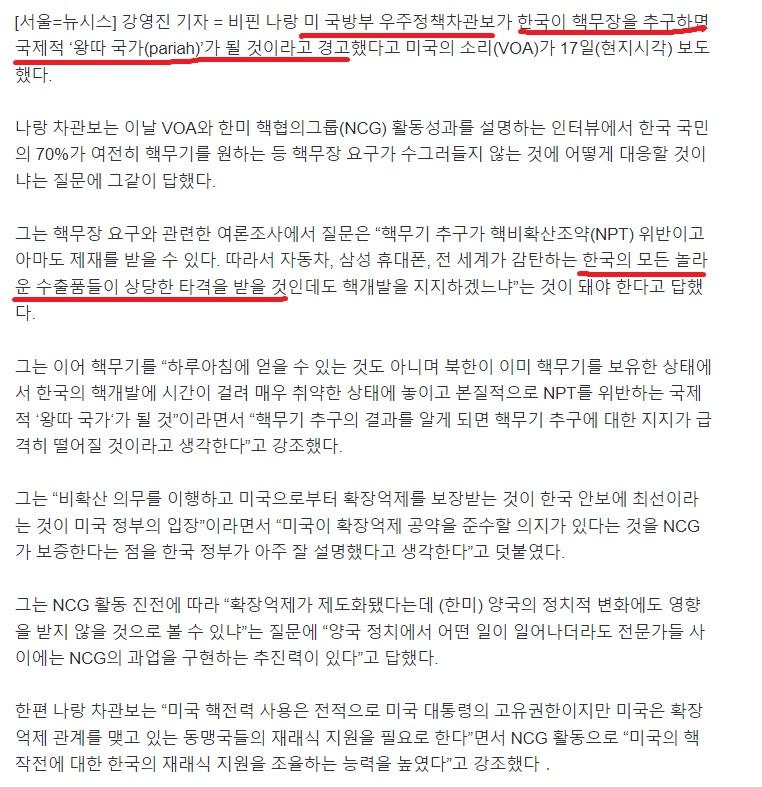 미 국방차관보, 한국 핵무장시 국제적 왕따된다 경고 2.jpg