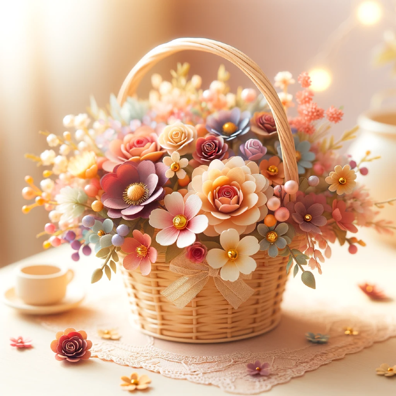 DALL·E 2024-01-10 08.28.30 - A charming flower basket, perfect for today's atmosphere. The basket should be filled with a mix of colorful and vibrant flowers, creating a warm and .png