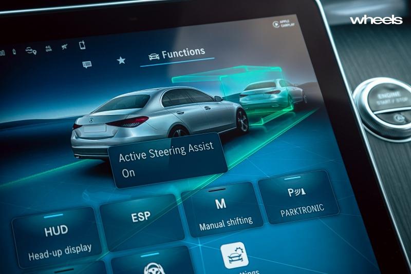 2022_Mercedes-Benz_C300_Spectral_Blue_Metallic_Australia_interior_infotainment_screen_active_steering_assist_settings.jpg